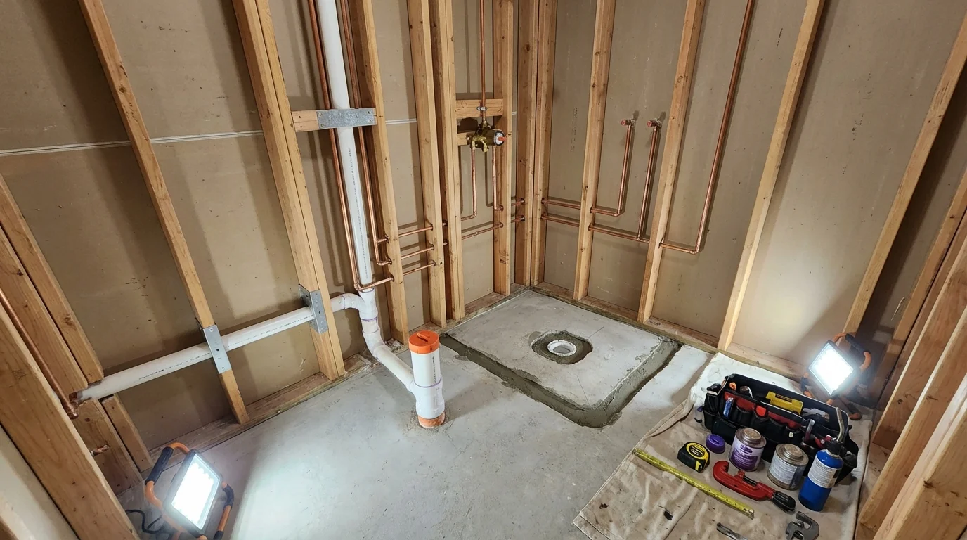 Bathroom rough-in plumbing during remodel by Johns Plumbing LLC in Kenyon