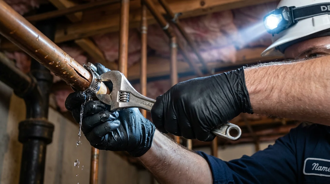 Emergency pipe clamp repair being performed by a Johns Plumbing LLC plumber in Kenyon