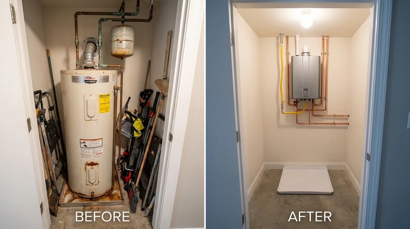 Tank water heater versus wall-mounted tankless unit comparison for Kenyon, MN homeowners