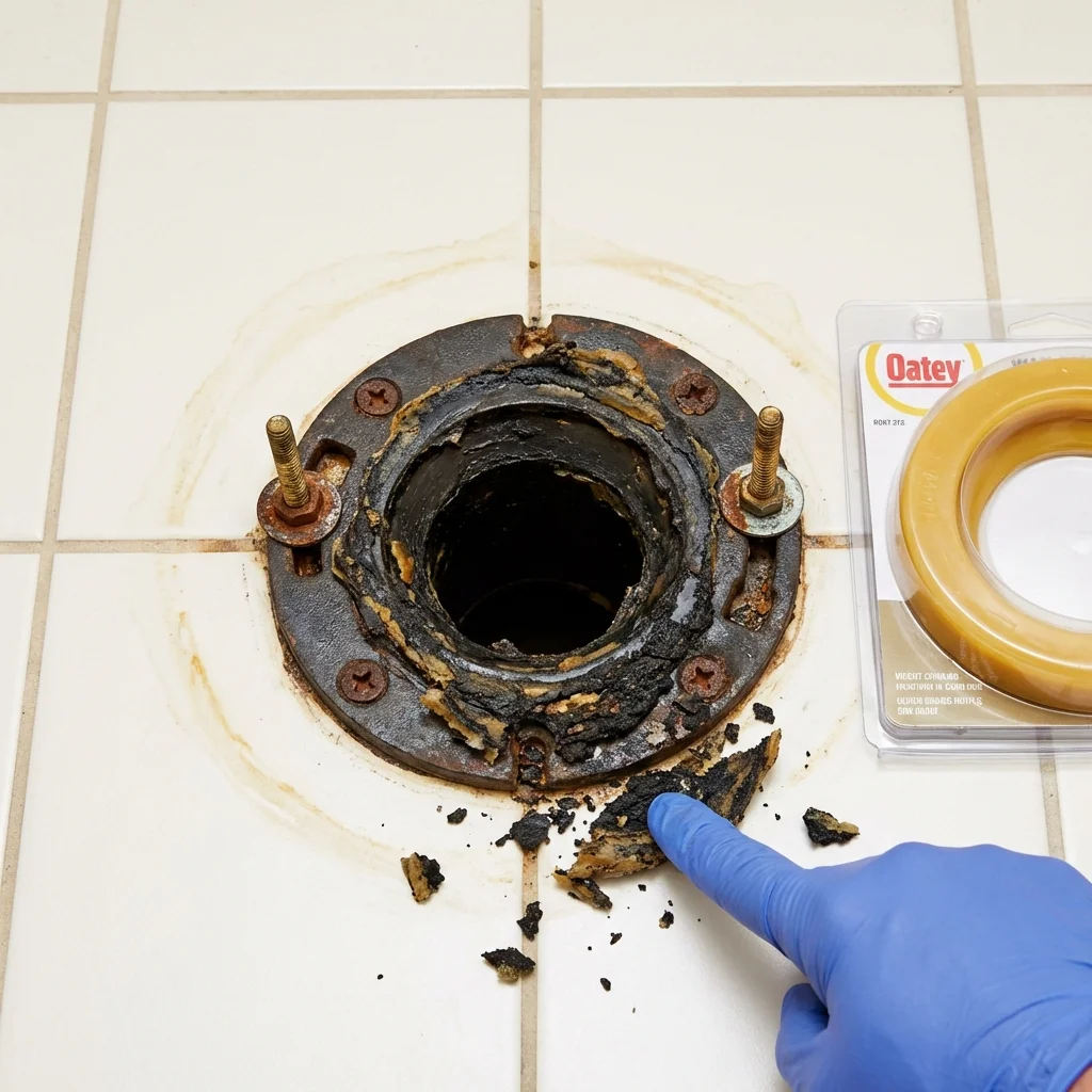 Failed wax ring showing water seepage at the base of a toilet in a Kenyon, MN home